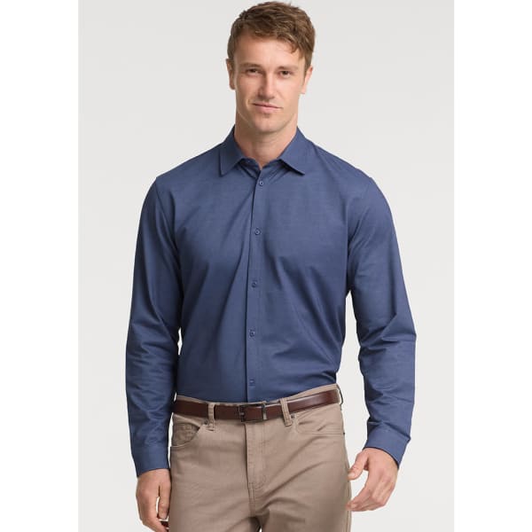 A men's long sleeve button-up shirt in blue, featuring a subtle texture and a logo on the chest.