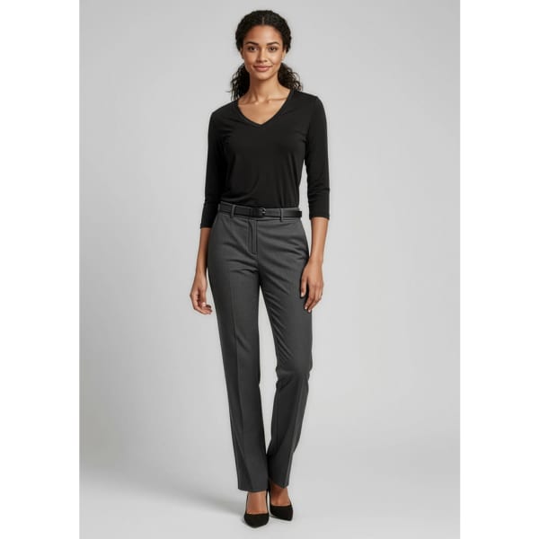 A pair of women's classic slacks in grey, worn with a black top and featuring a belt. The model poses against a neutral background.