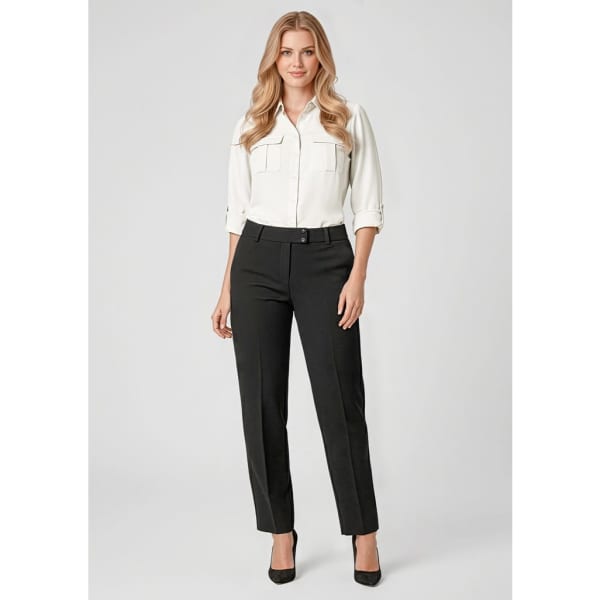 Black women's slacks, styled with a white shirt, showcasing a sleek and tailored design. Features a logo.
