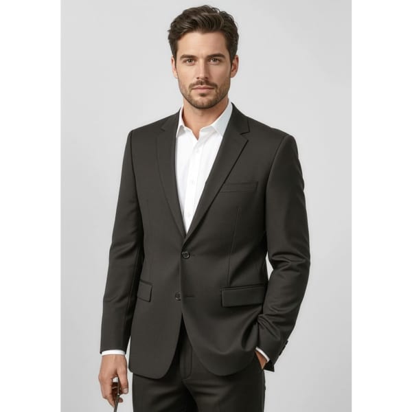A classic black blazer worn by a man, featuring a single-breasted design and a sharp tailored fit.