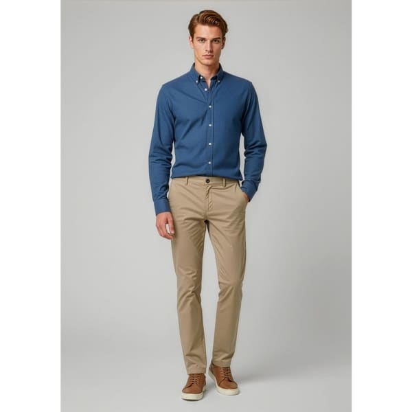 A man wearing a blue shirt and beige chinos, paired with brown sneakers. The outfit features a logo on the pants.