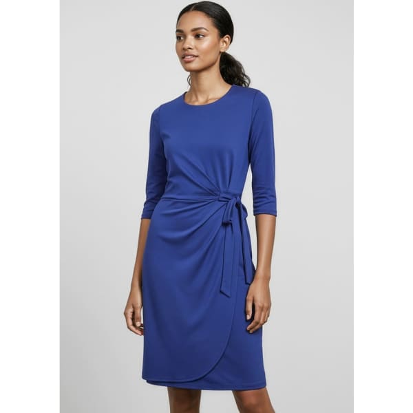 A blue women's dress with a wrap style and three-quarter sleeves, featuring a tie detail at the waist.