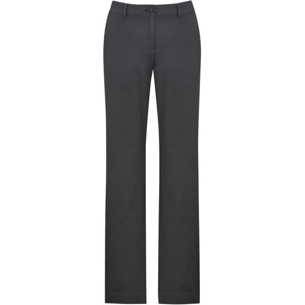 A pair of women's slacks in dark grey with a straight leg design and a button closure. Features a small logo.