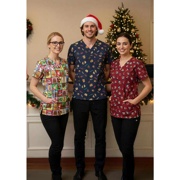 Unisex Christmas scrub tops in festive colours featuring various holiday prints, worn by three models with a Christmas tree background.