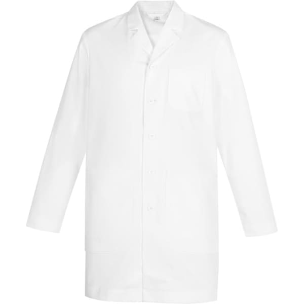A white longline lab coat featuring a front pocket and a logo on the chest.