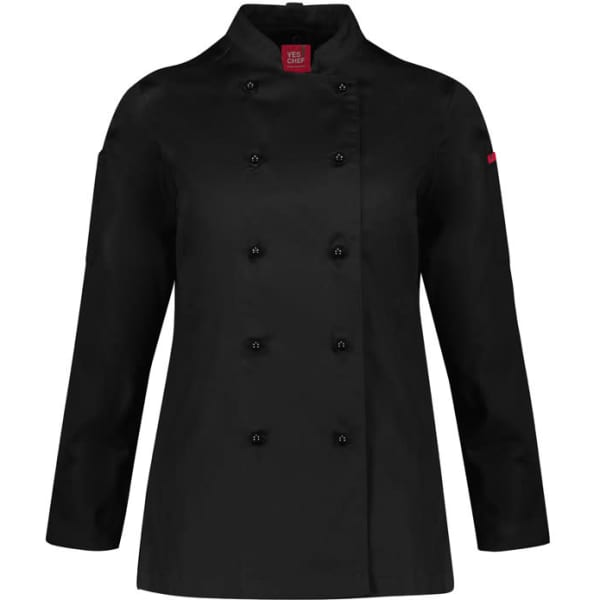 A black long sleeve chef jacket featuring double-breasted buttons and a logo on the sleeve.