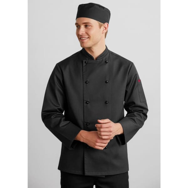 A black long sleeve chef jacket featuring button fastenings and a matching chef hat. Includes a logo on the sleeve.