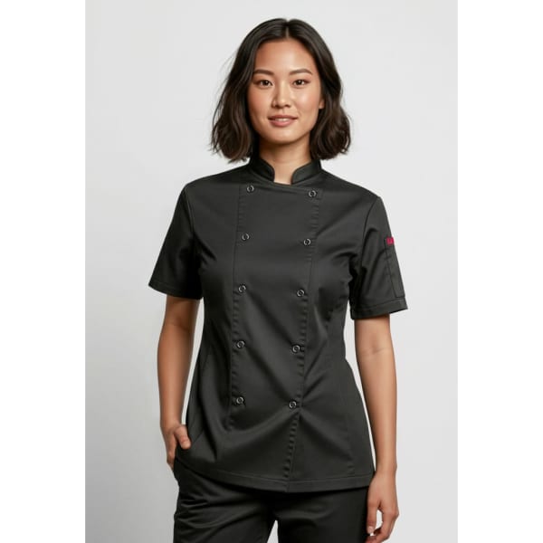 A short sleeve chef jacket in black, featuring a double-breasted design and a logo on the sleeve.
