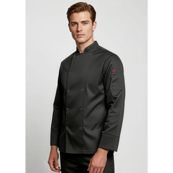 A long sleeve chef jacket in black, featuring a double-breasted design and a logo on one sleeve.