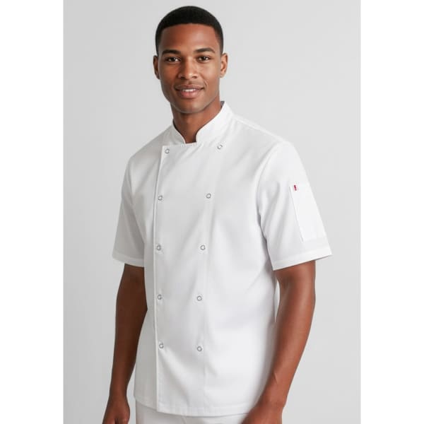 A white short sleeve chef jacket with a double-breasted design and a branded logo on the sleeve.