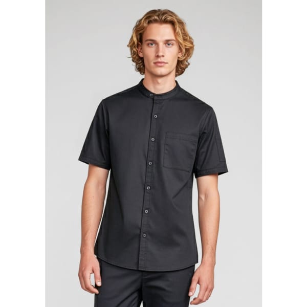 A short-sleeve chef shirt in black featuring a button-up design and a chest pocket, adorned with a branding logo.