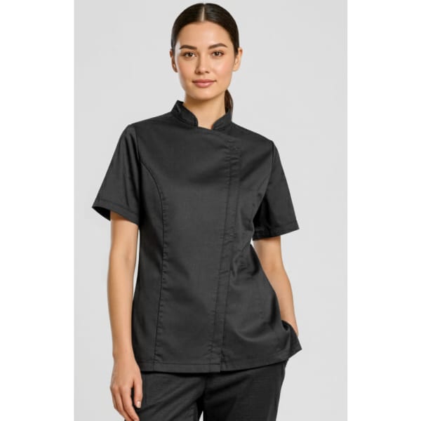 A black short sleeve chef jacket for women, featuring a mandarin collar and front button closure, with a logo present.