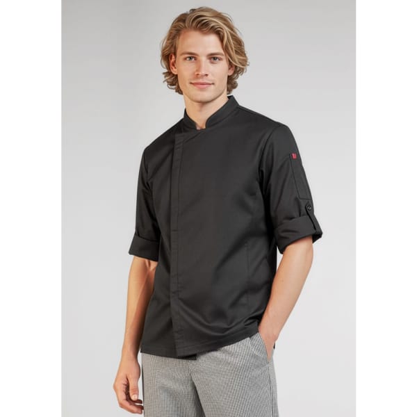 A long-sleeve black chef jacket on a male model, featuring rolled sleeves and a small logo on the shoulder.