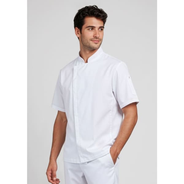 A white short sleeve chef jacket for men, featuring a stand-up collar and a logo on the sleeve.