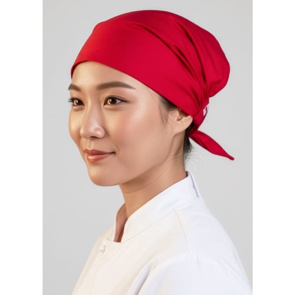 A red Twist Chef Bandana worn by a person, featuring a tied back design. The person is in a chef's uniform.