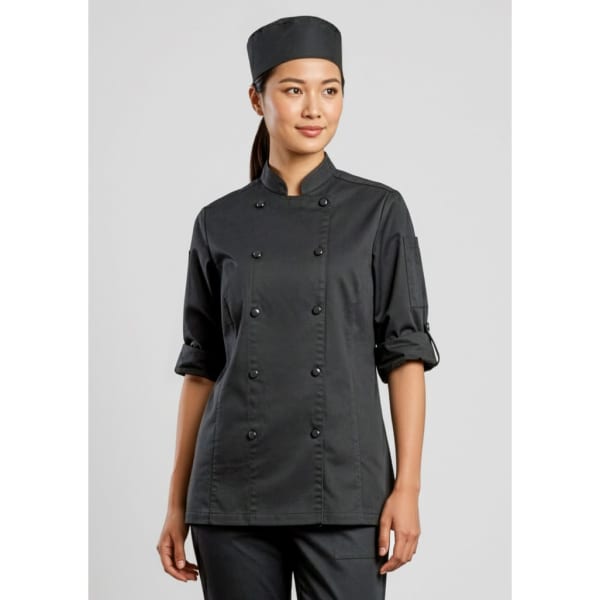 A long sleeve black chef jacket for women, featuring a double-breasted design and rolled sleeves, with a matching chef hat.