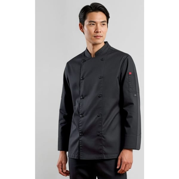 A black long sleeve chef jacket featuring a button front and a logo on the sleeve.