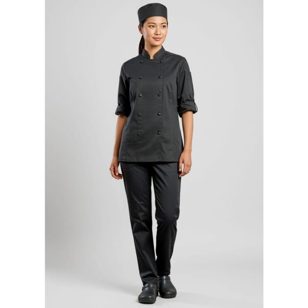A chef uniform featuring a black double-breasted jacket and matching black flex pants, with a chef's hat and shoes.