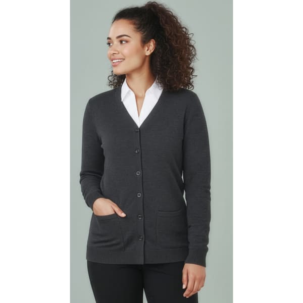 A charcoal grey women's button front knit cardigan with a V-neck, long sleeves, and side pockets.
