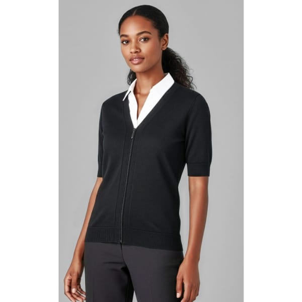 A black zip front short sleeve knit cardigan, featuring a V-neck and a fitted design.