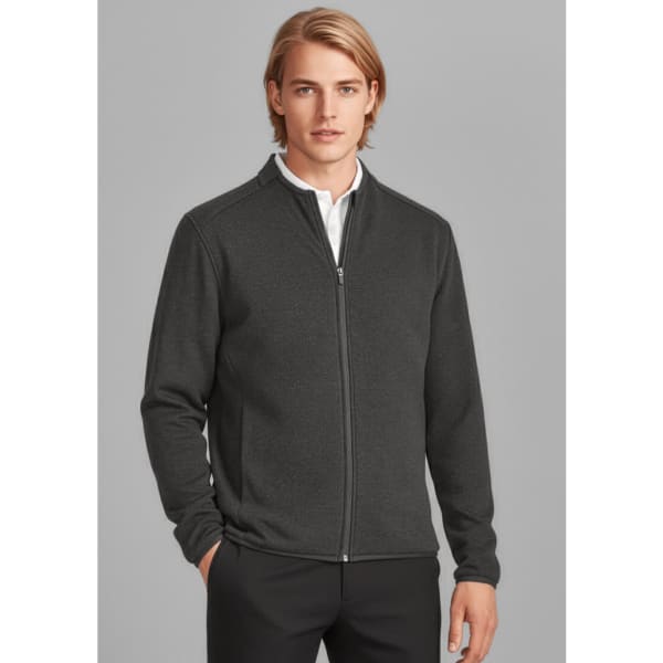 A men's zip-front jumper in dark grey, featuring a casual design and a branded logo.