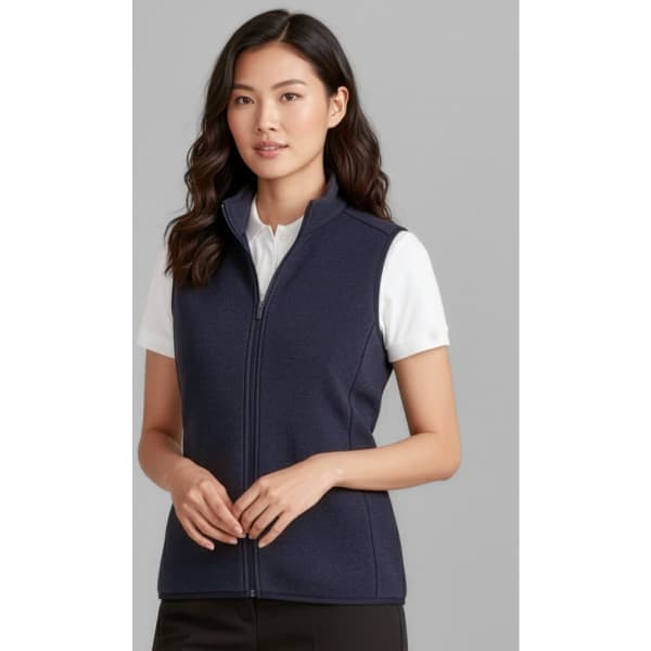 A woman in a navy zip-front vest poses against a grey background, wearing a white shirt underneath.
