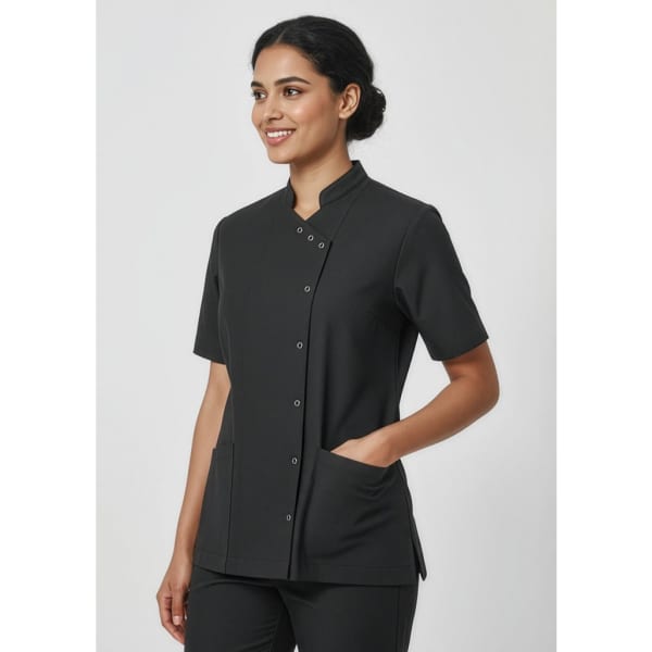 A black women's jacket with a high collar, short sleeves, and front buttons, featuring side pockets and a tailored fit.