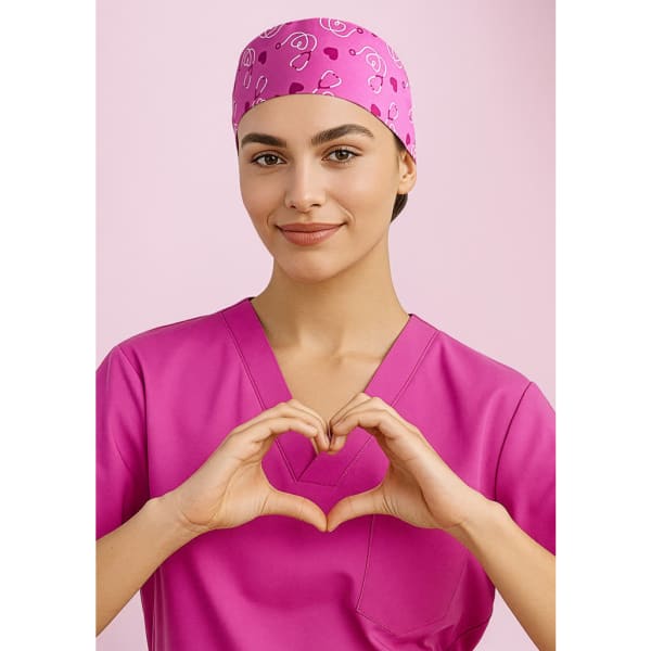 A unisex pink printed scrub cap with a pattern, worn by a smiling model in matching pink scrubs.