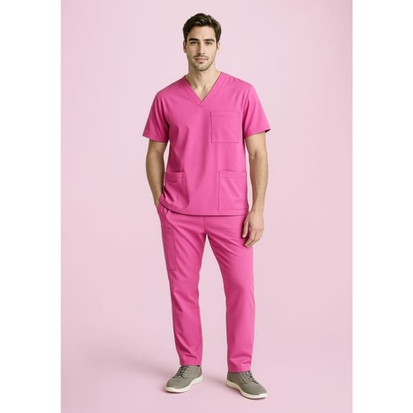 Unisex pink scrub pants featured with a matching pink scrub top, designed for uniform wear.