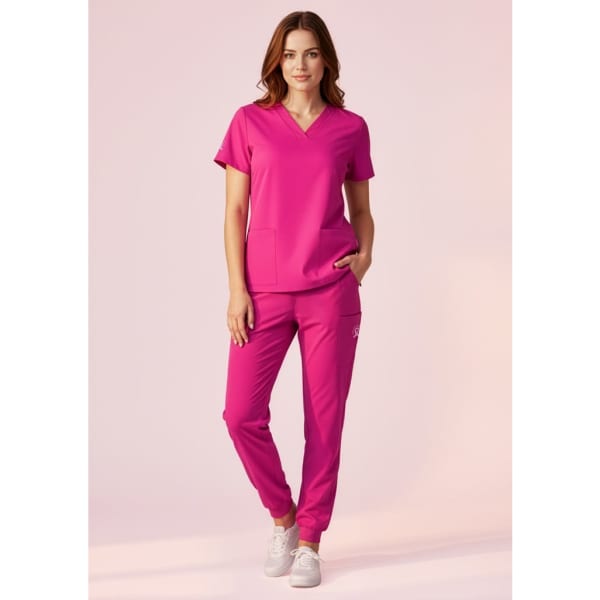 A model wearing bright pink jogger scrub pants paired with a matching top, featuring a logo.