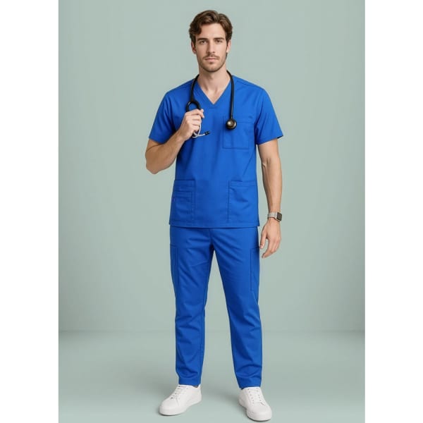 Men's straight leg scrub pants in blue, paired with a matching scrub top, featuring a stethoscope and a brand logo.