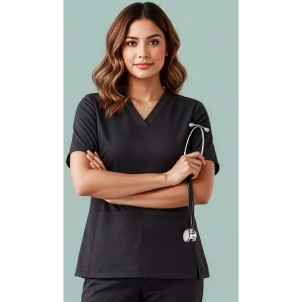 A woman wearing a black scrub top with a V-neck and a stethoscope, posed against a light green background.