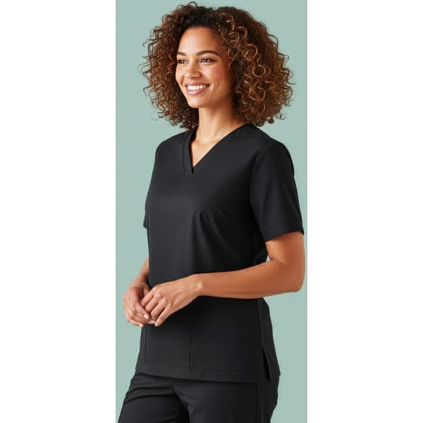 A black women's scrub top with short sleeves and a V-neck design, featuring a brand logo.