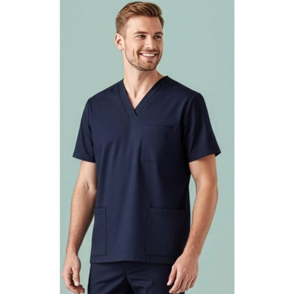 A men's scrub top in navy blue with a v-neck, featuring a chest pocket and two front pockets.