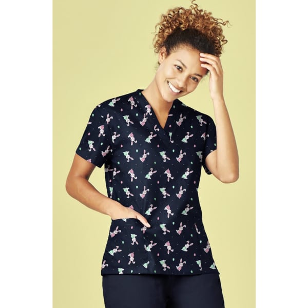 A navy V-neck scrub top featuring a playful Easter-themed pattern, with short sleeves and a pocket.