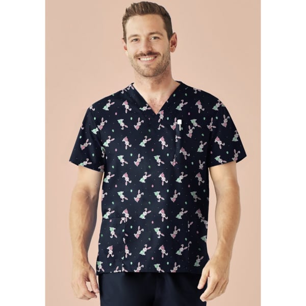 A men's V-neck short sleeve scrub top in navy with a colourful Easter-themed pattern featuring bunnies.