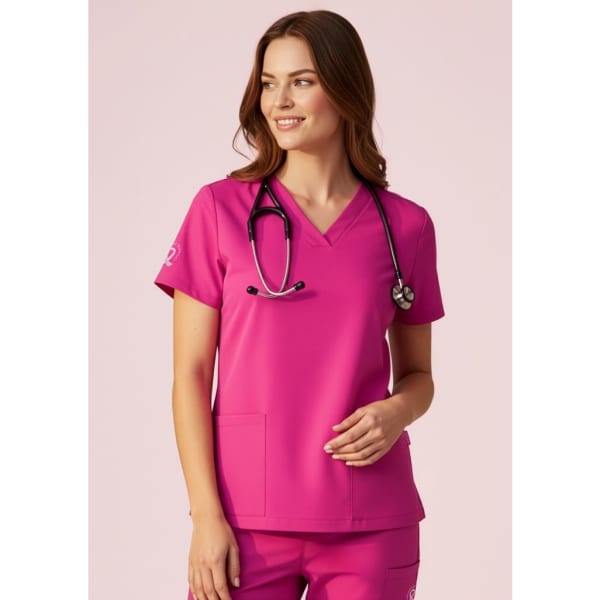 A woman wearing a vibrant pink V-neck scrub top with a stethoscope around her neck, featuring a logo on the sleeve.