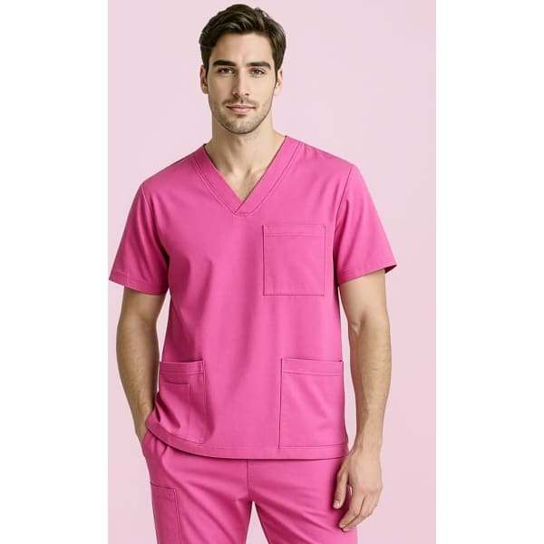 A unisex pink V-neck scrub top with short sleeves and two front pockets, accompanied by matching pants.