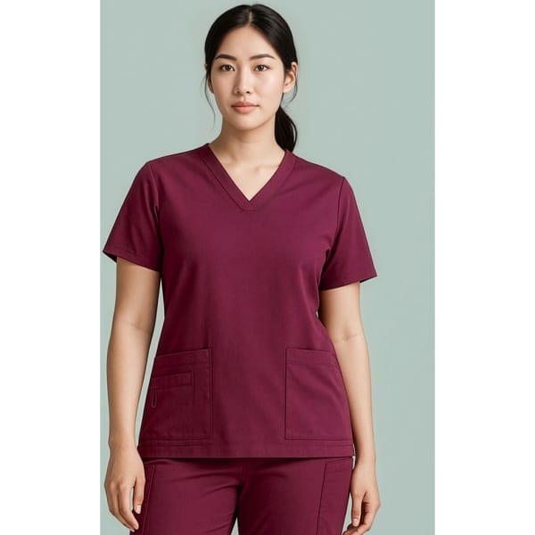 A women's V-neck scrub top in burgundy, featuring short sleeves and two front pockets. It has a logo.
