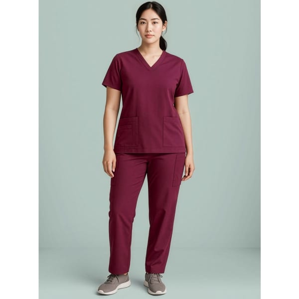 A woman stands wearing burgundy straight leg scrub pants and a matching short-sleeve top. The outfit has two pockets.