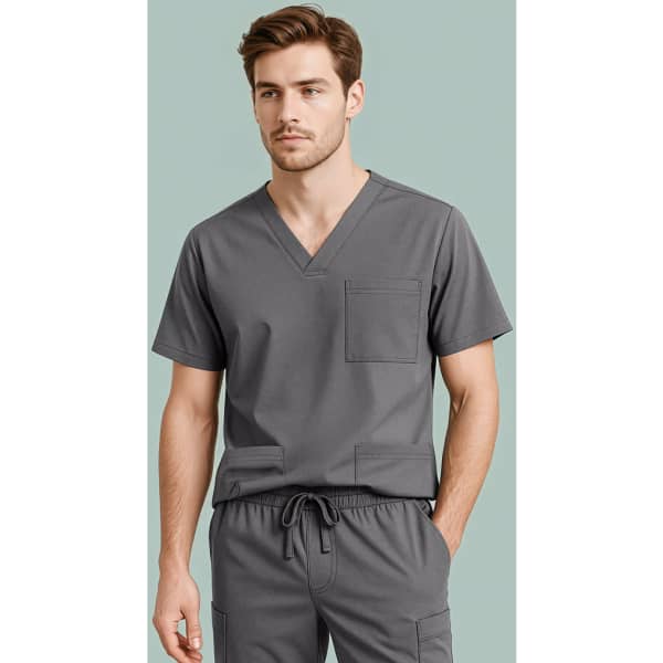 Men's grey V-neck scrub top featuring a pocket and logo, part of a scrub uniform set.