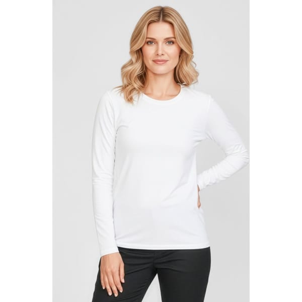 A white women's performance long sleeve tee displayed on a model against a plain grey background.