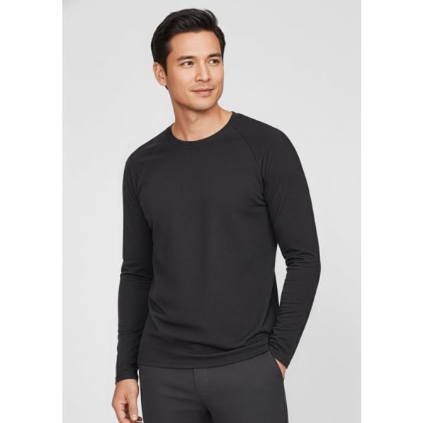 Men's performance long sleeve tee in black, featuring a round neckline and a logo on the chest.