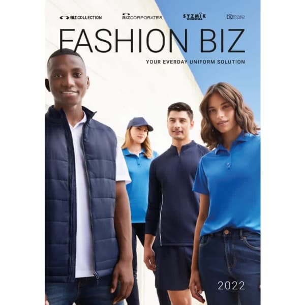 A promotional image featuring individuals in blue and navy clothing accessories, with one model in a navy vest.