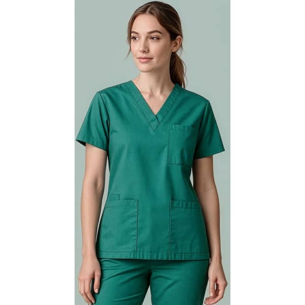 A green unisex scrub top with a V-neck, short sleeves, and front pockets, featuring a logo.