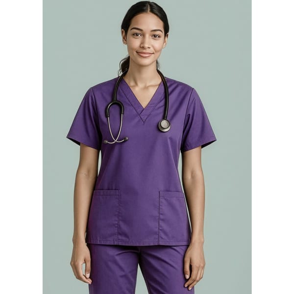 A purple women's scrub top with short sleeves and a V-neck, featuring pockets and a stethoscope.