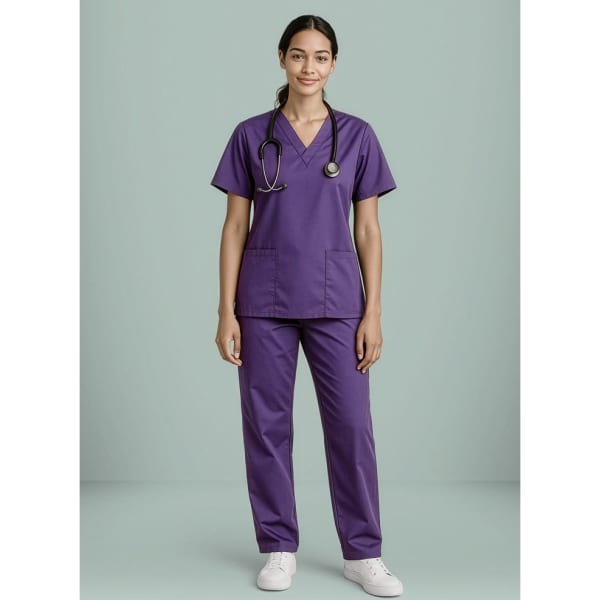A women's scrub top in purple, featuring short sleeves and a V-neck design, paired with matching trousers.