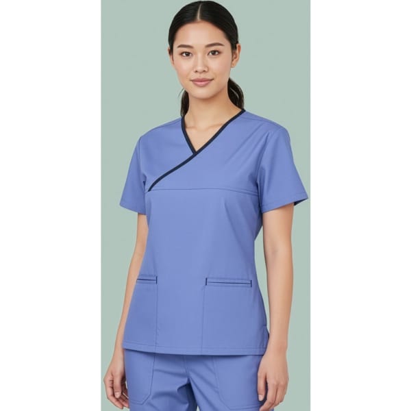 A woman in a blue scrub top with a contrast crossover design, featuring two front pockets and a logo.