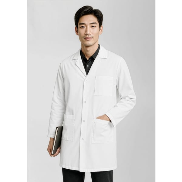 A unisex classic lab coat in white, featuring a front pocket, worn by a model holding a tablet.