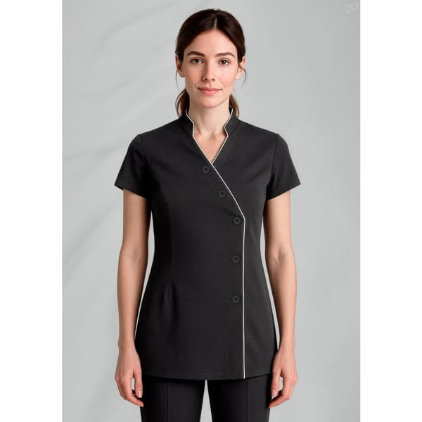 A black women's crossover tunic with a fitted design and white piping, featuring short sleeves and buttons down the front.